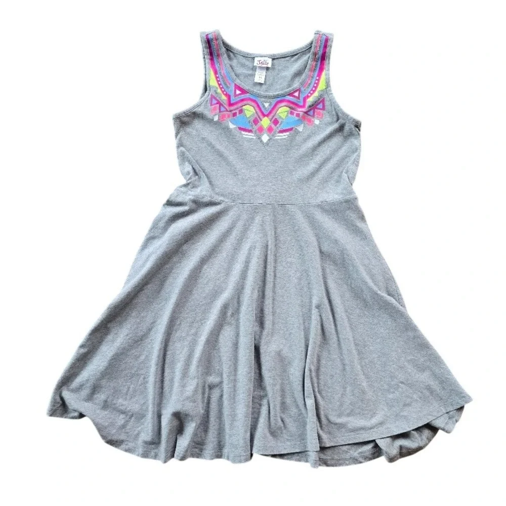 Justice Gray Skater Dress Neon Geometric Graphic Sleeveless Girls 14 Boho Casual